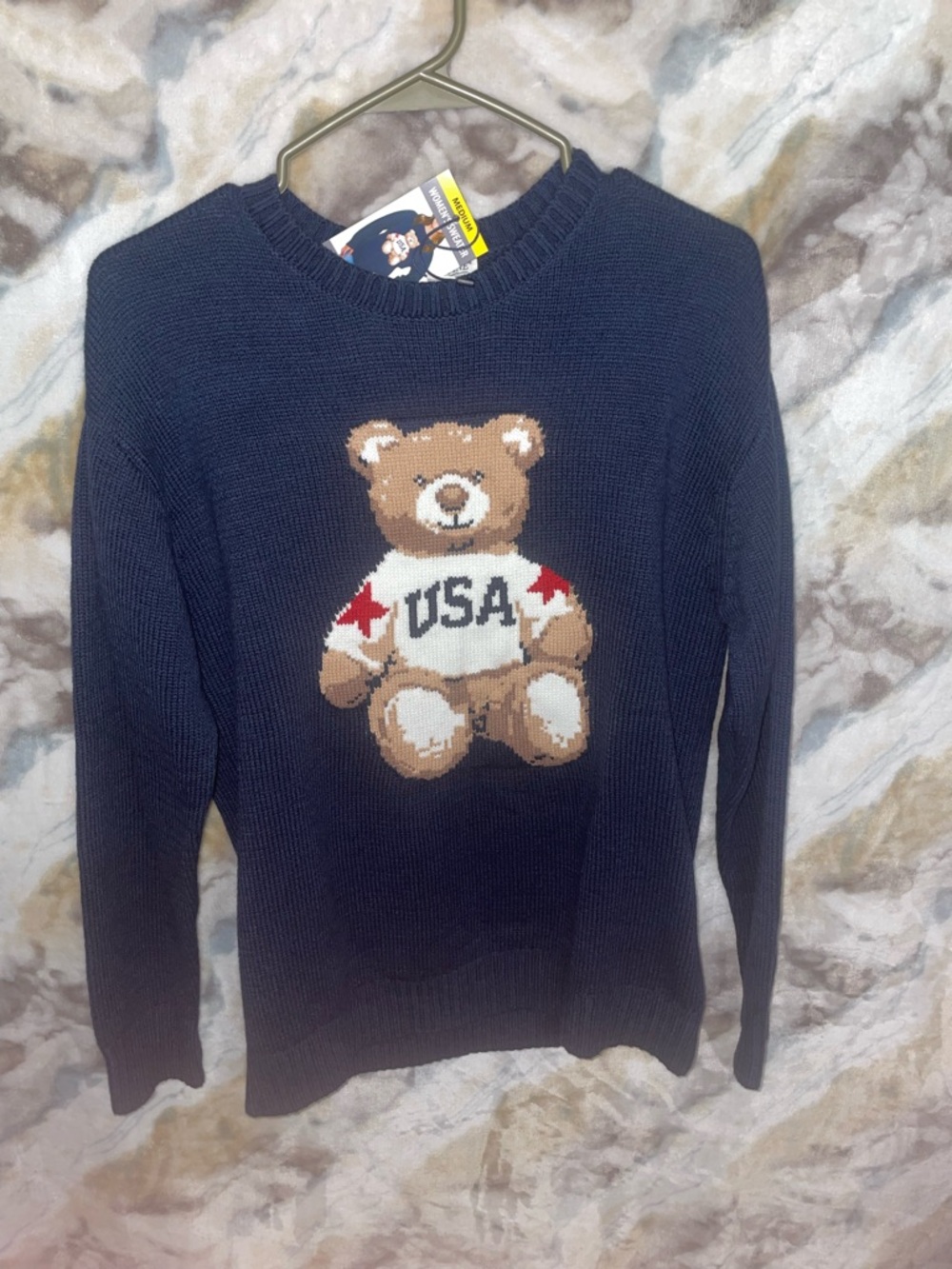 Mighty Fine Navy Crewneck Sweater with Teddy Bear USA Intarsia